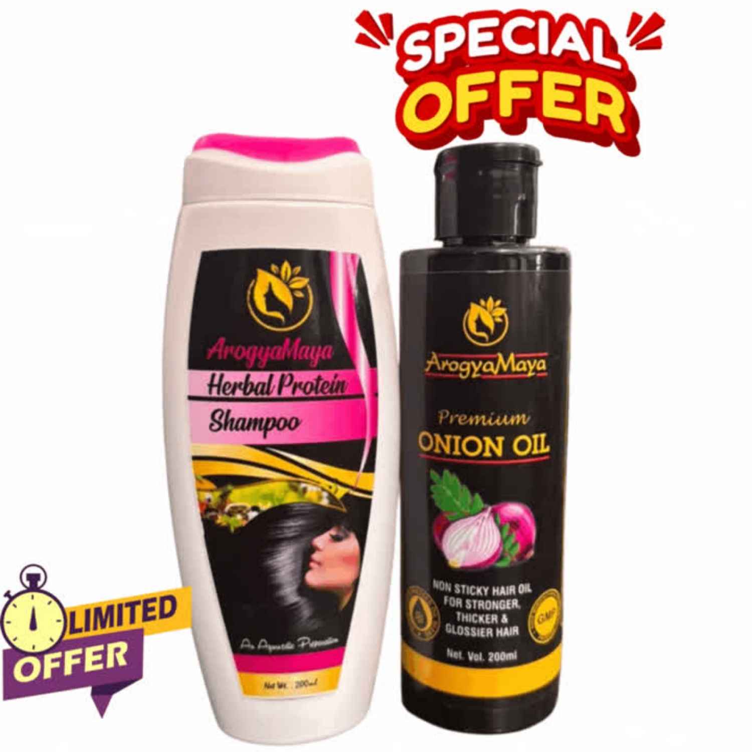 ArogyaMaya Herbal Protein Shampoo + ArogyaMaya Premium Onion Hair Oil (Combo Pack 1+1)